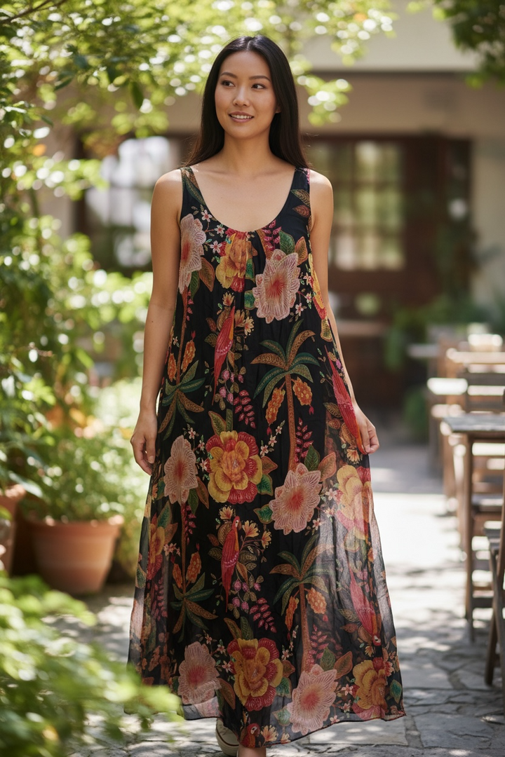 Black Tropical Silk Dress - by Eternelle
