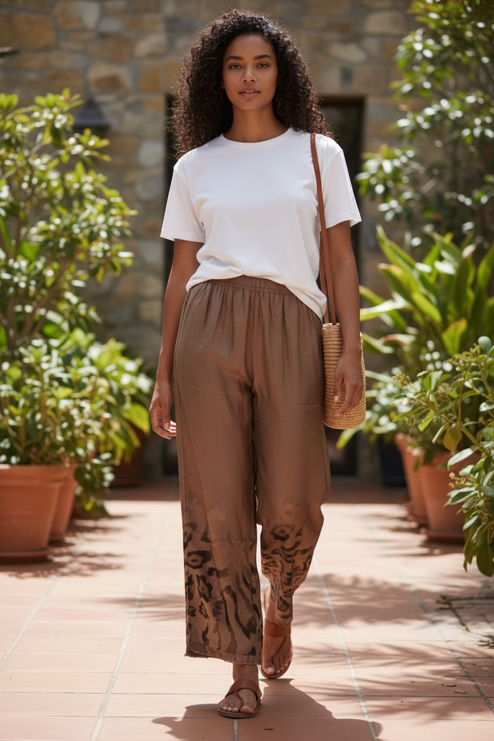 Brown Animal Print Wide Leg Pants - by Amorosa