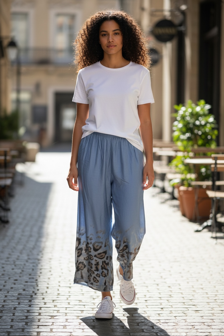 Blue Animal Print Wide Leg Pants - by Amorosa