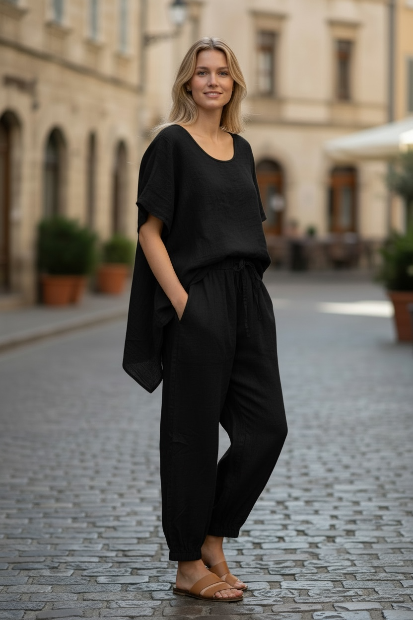 Black Linen Barrel Leg Pants - by DS Athens