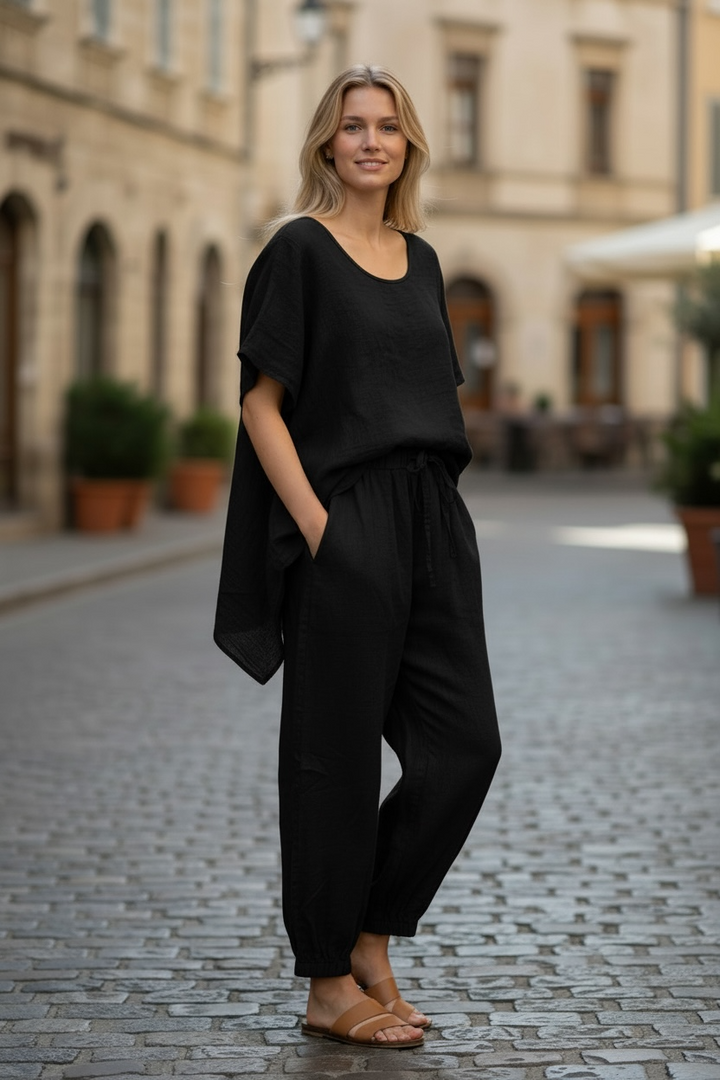 Black Linen Barrel Leg Pants - by DS Athens