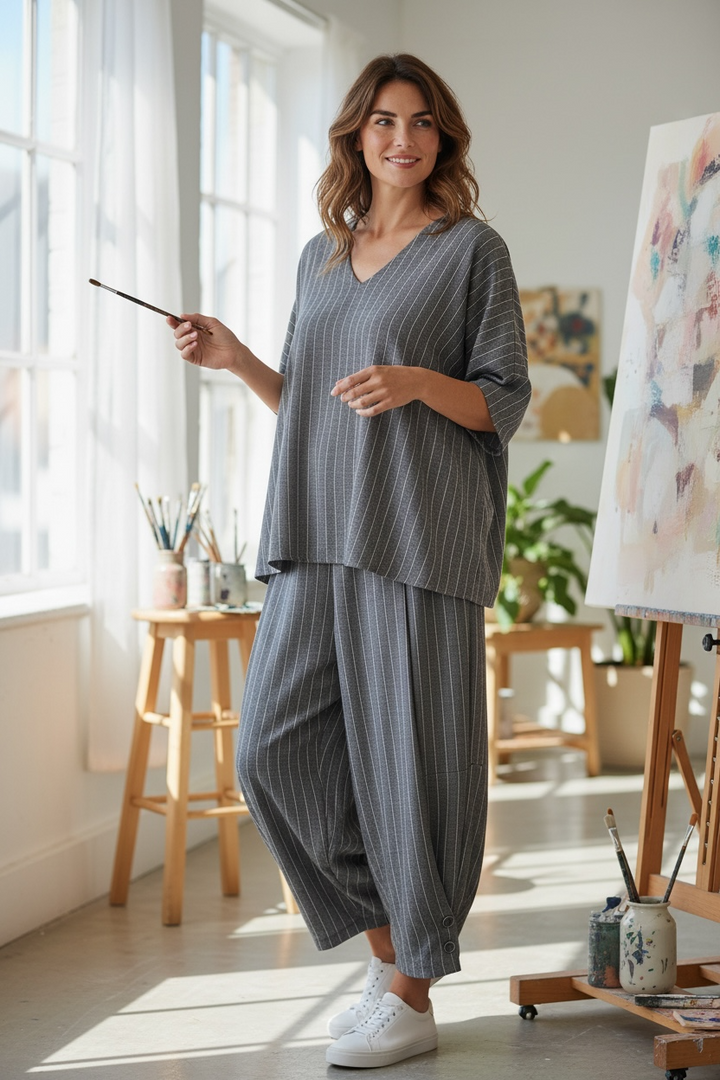 Grey Pinstripe Cropped Barrel Pants - by PURE