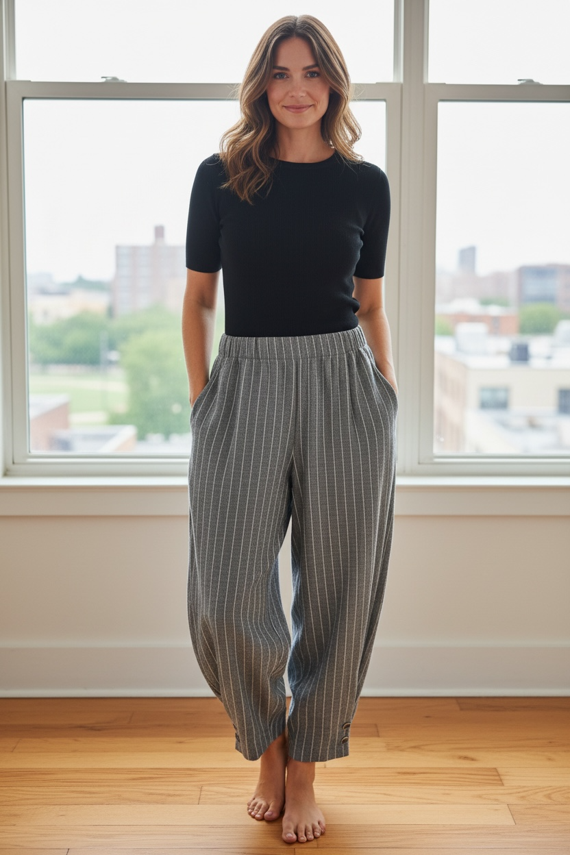 Grey Pinstripe Cropped Barrel Pants - by PURE