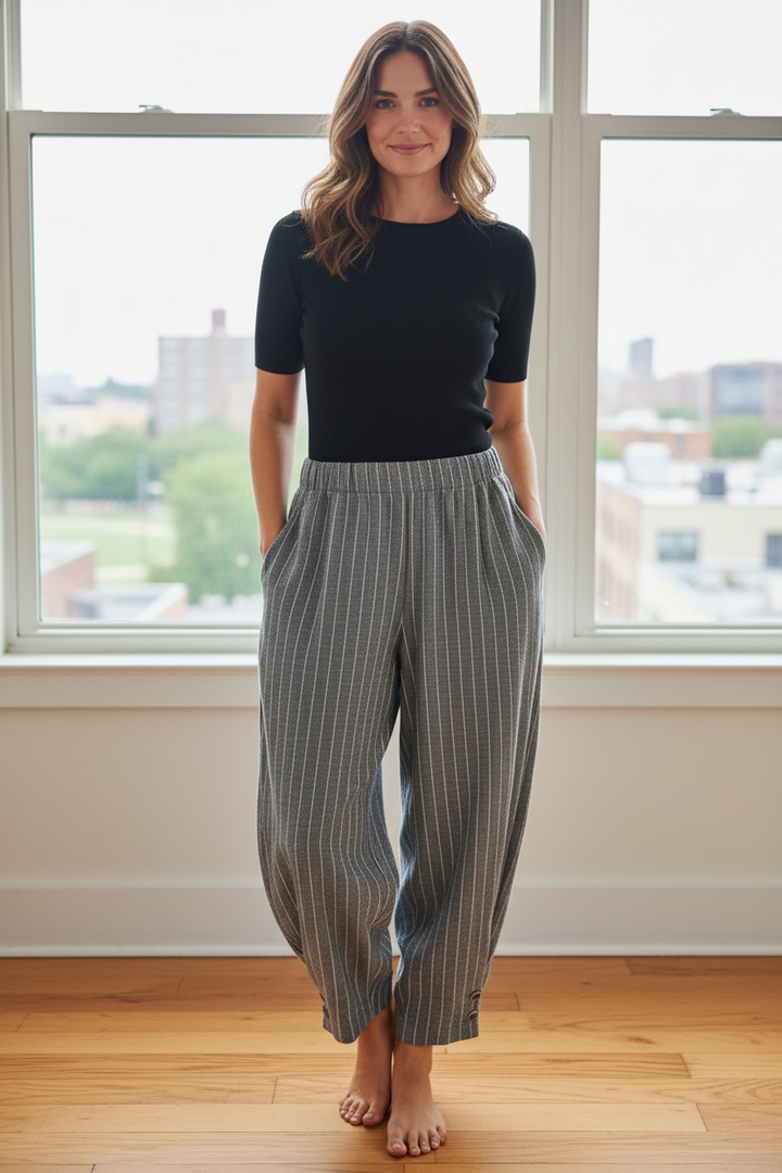 Grey Pinstripe Cropped Barrel Pants - by PURE