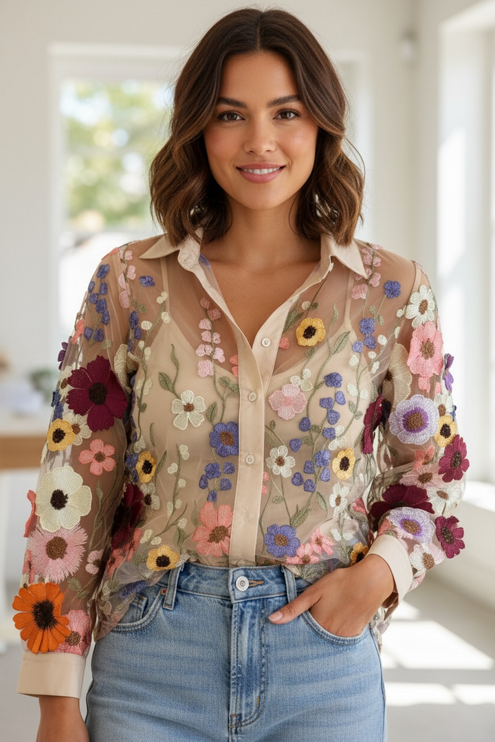 Sheer Floral Embroidered Tulle Blouse - by Spanner