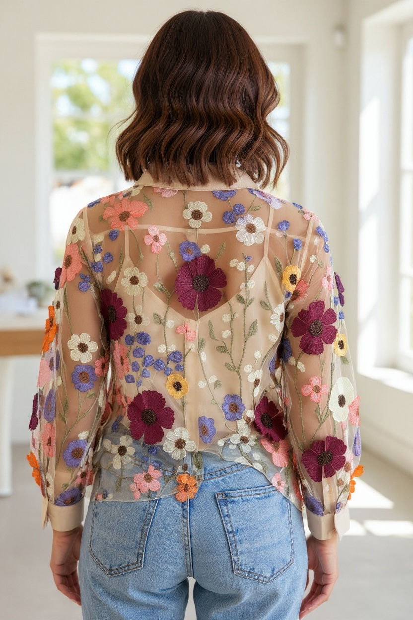 Sheer Floral Embroidered Tulle Blouse - by Spanner
