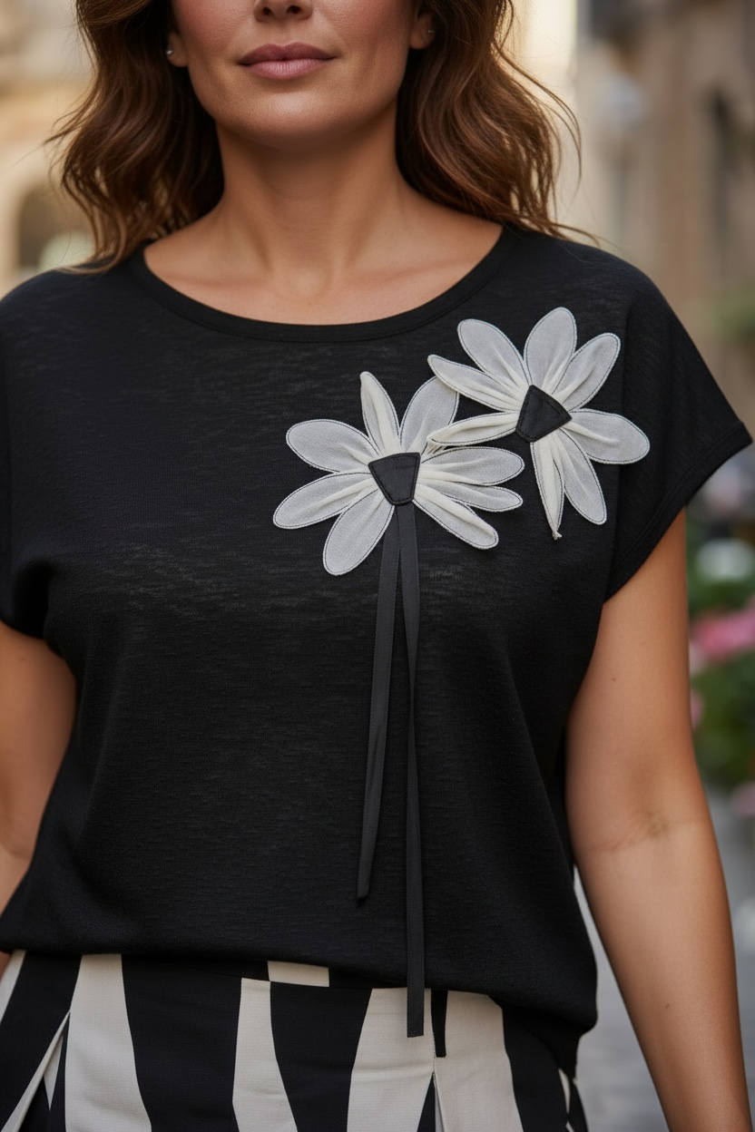 Black and White Daisy Appliqué Top - by Spanner