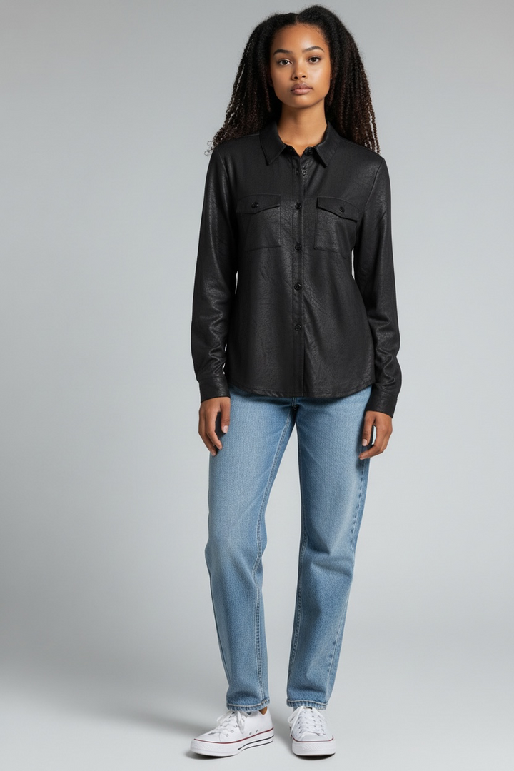 Black Patina Leather-Look Blouse - by Michael Tyler