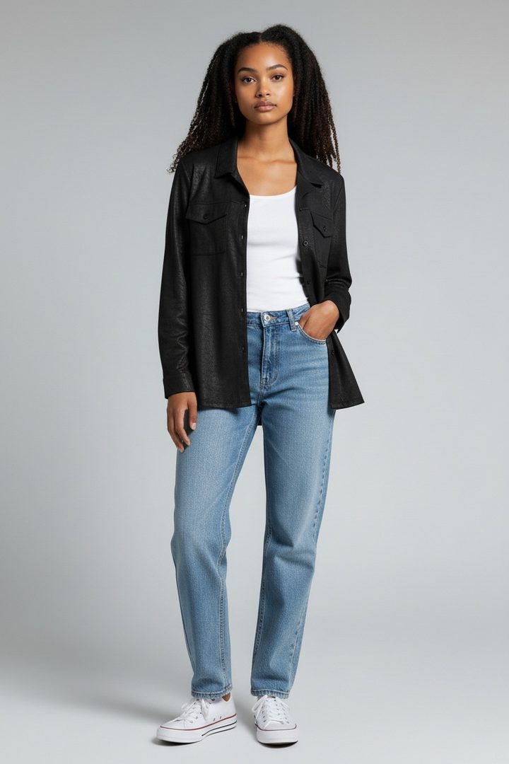 Black Patina Leather-Look Blouse - by Michael Tyler