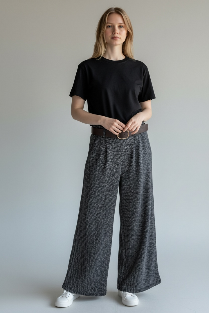 Navy/Cream Belted Wide Leg Pant - by Eternelle
