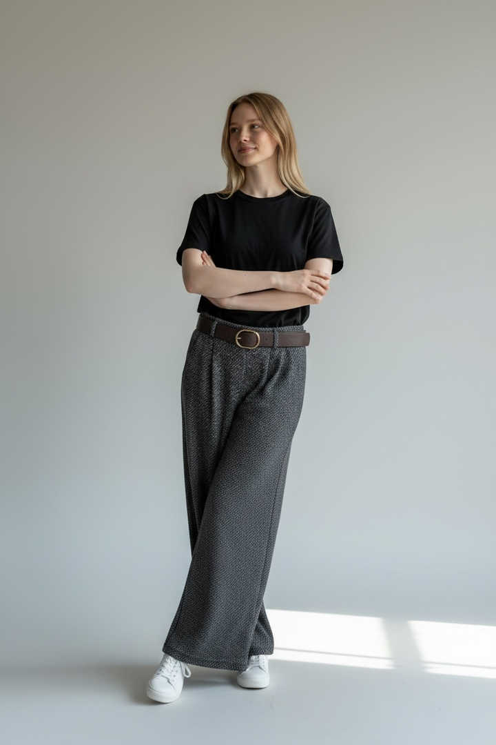 Navy/Cream Belted Wide Leg Pant - by Eternelle