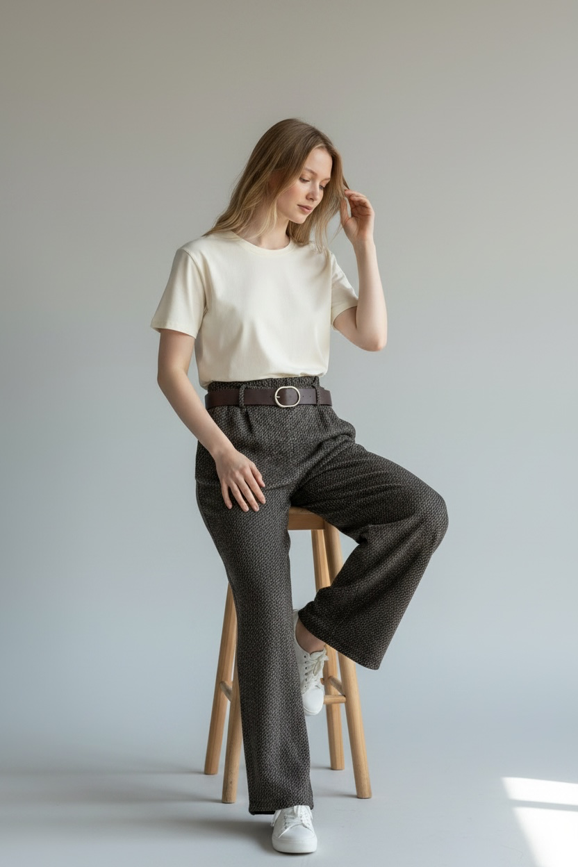 Cocoa Brown/Cream Belted Wide Leg Pant - by Eternelle