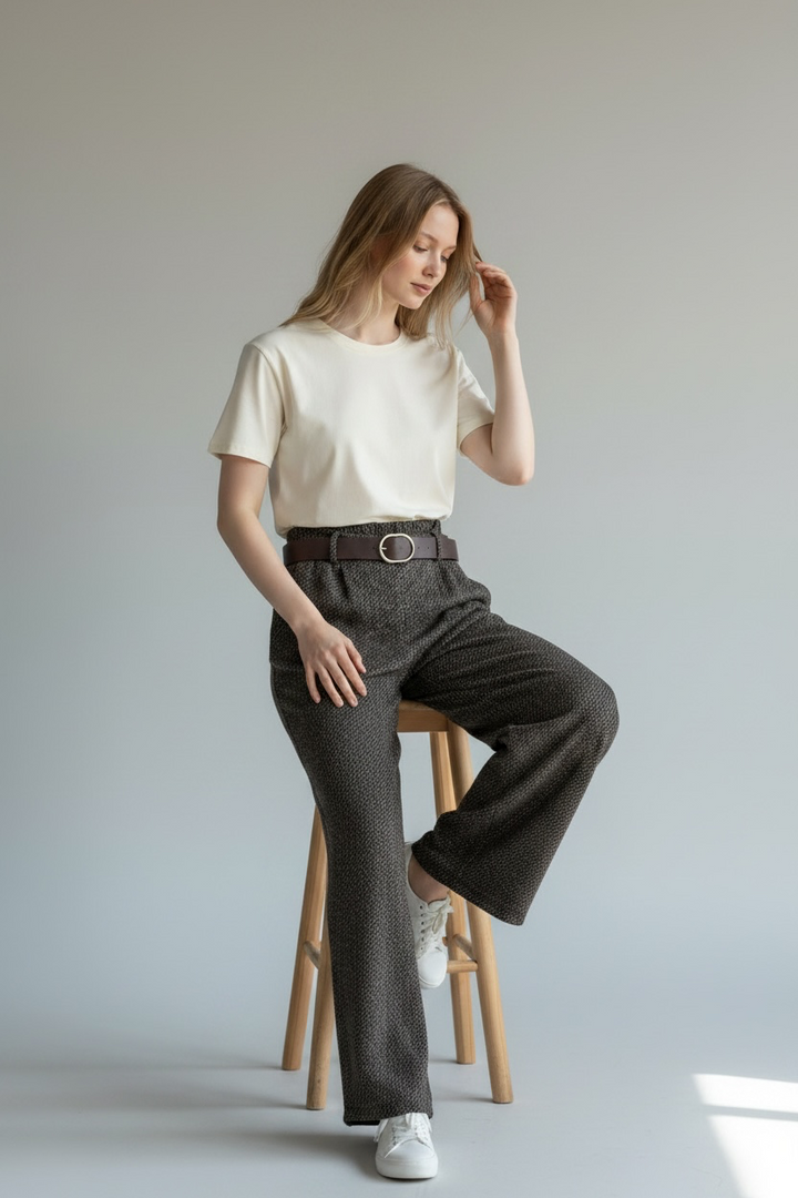 Cocoa Brown/Cream Belted Wide Leg Pant - by Eternelle