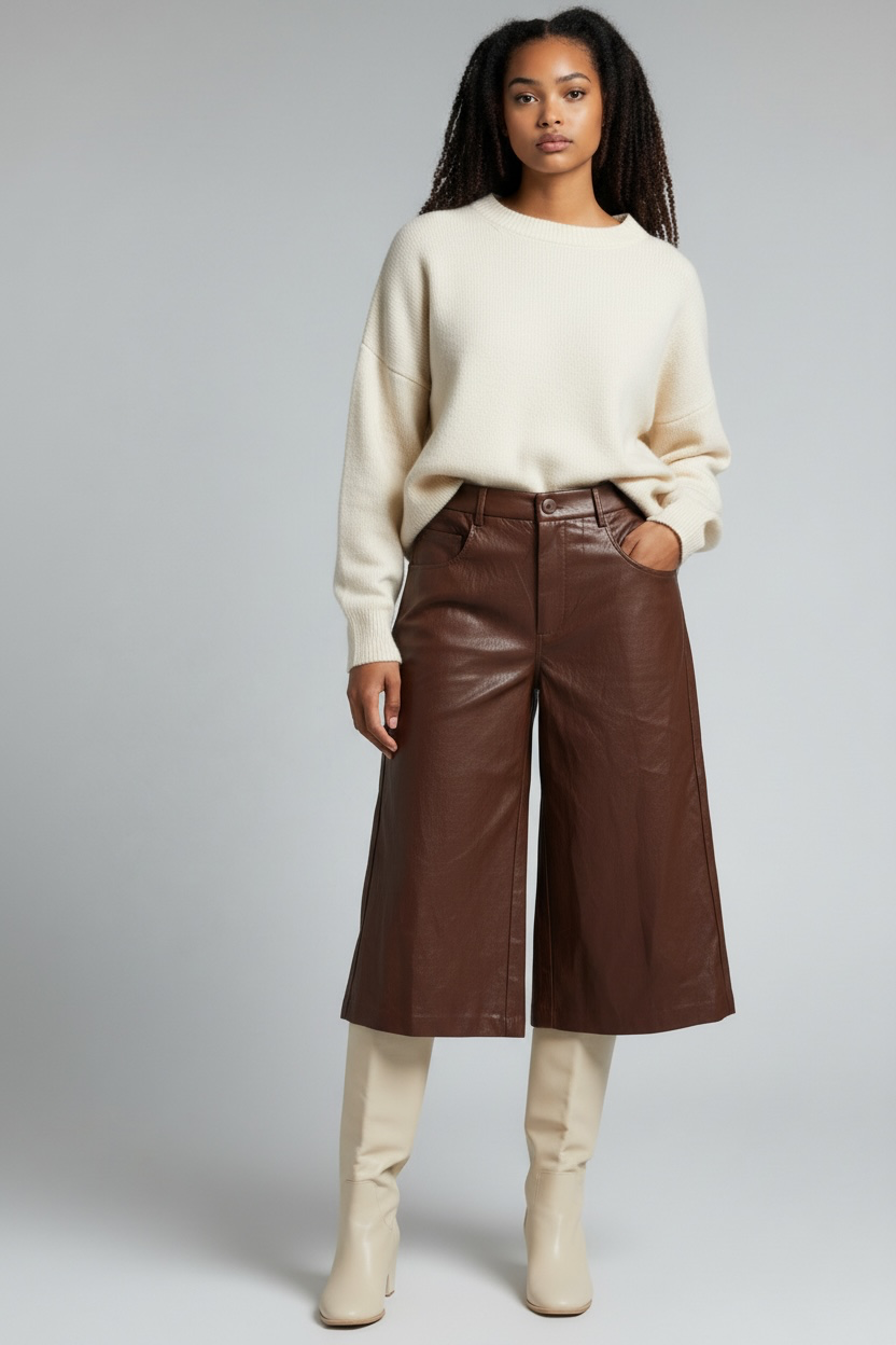 Brown Faux Leather Cropped Wide Leg Pants - by Elissia