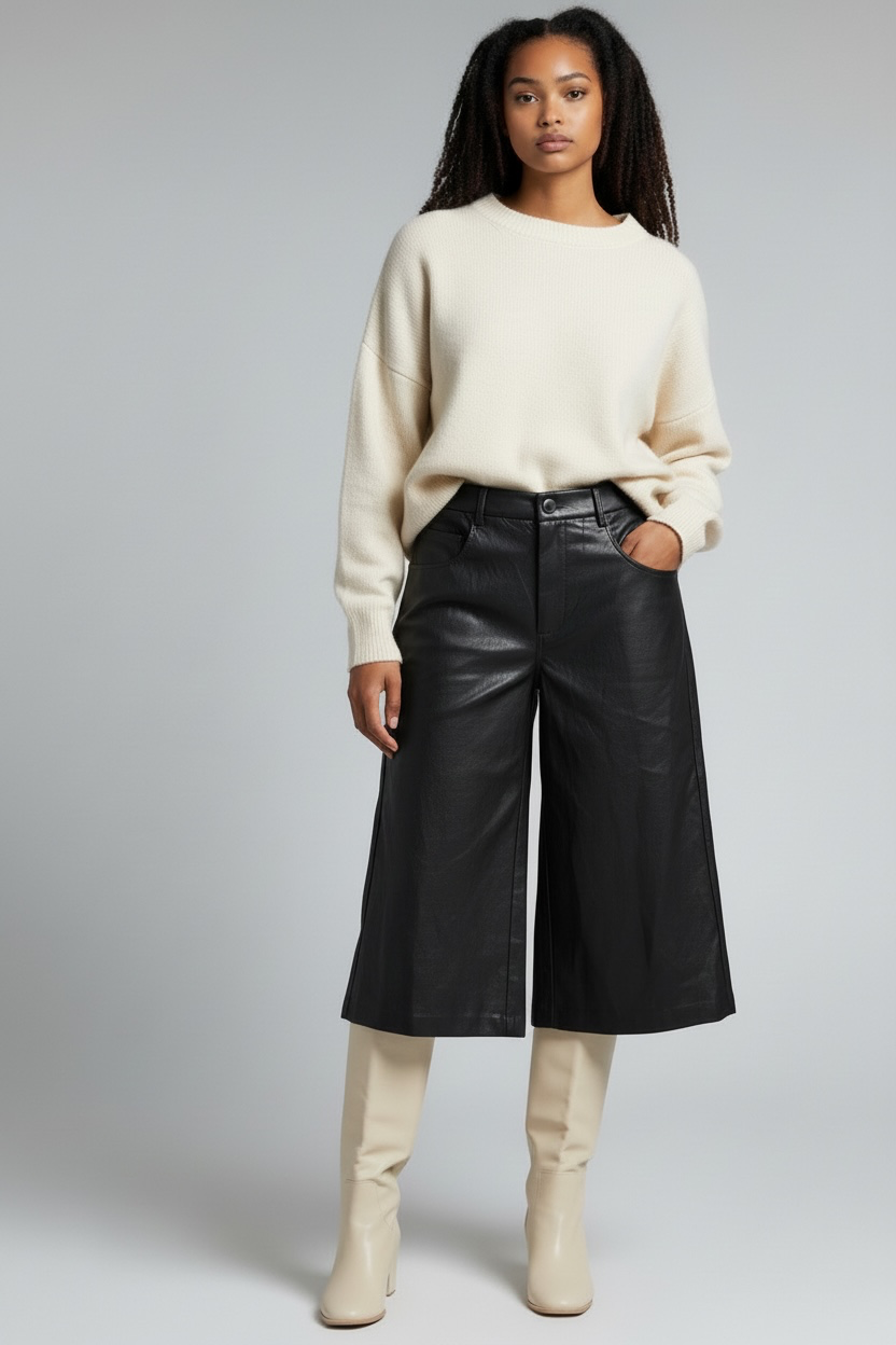 Black Faux Leather Cropped Wide Leg Pants - by Elissia