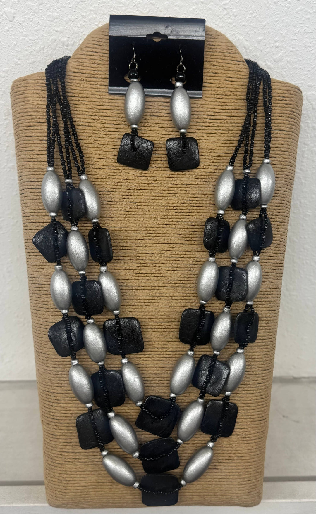 Black & Silver Bead and Wood Necklace and Earring Set